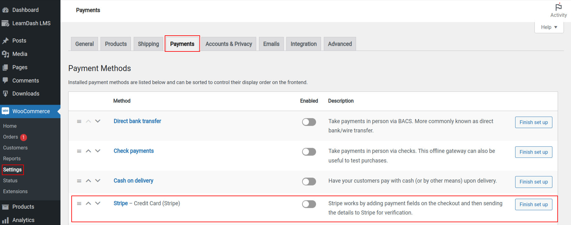 WooCommerce Payments tab