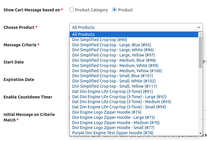 Show Cart Message based on - Product