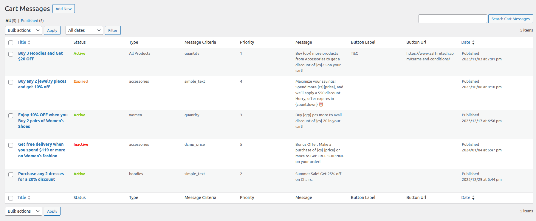 Cart Message Settings